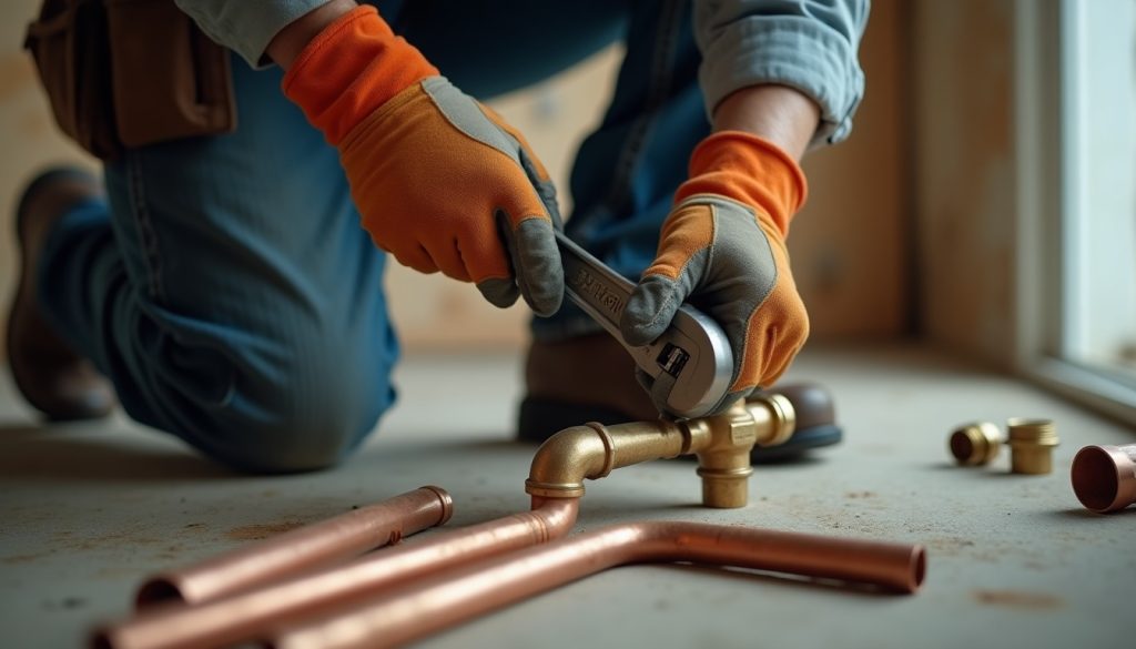 Gloved hands use a wrench to tighten a brass pipe fitting, with copper pipes nearby on the floor.
