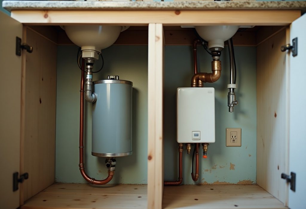 Mini-tank water heater under a sink beside a separate tankless unit under another sink