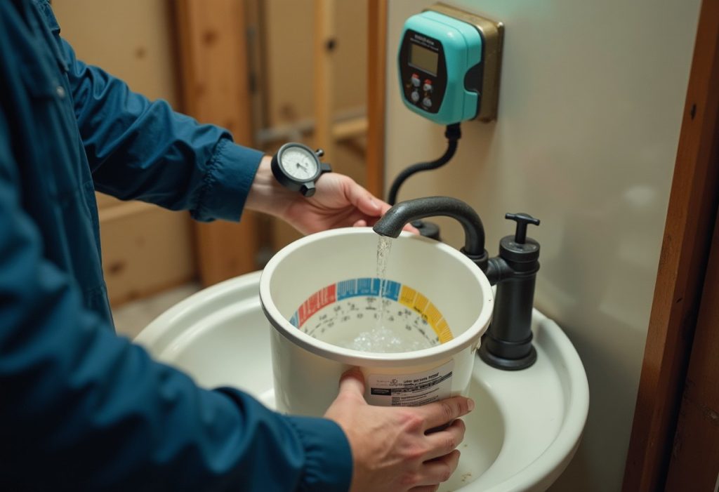 Plumber measuring faucet flow rate into a bucket near a wall-mounted heater