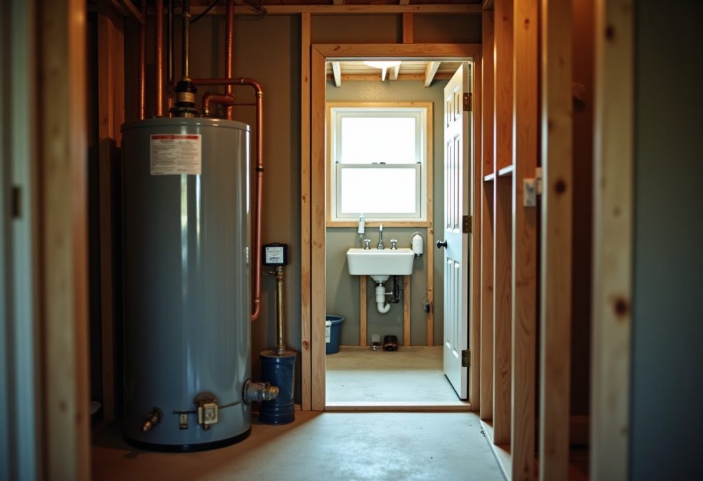 Whole-house tank, recirculation pump, and distant point-of-use heater in one view