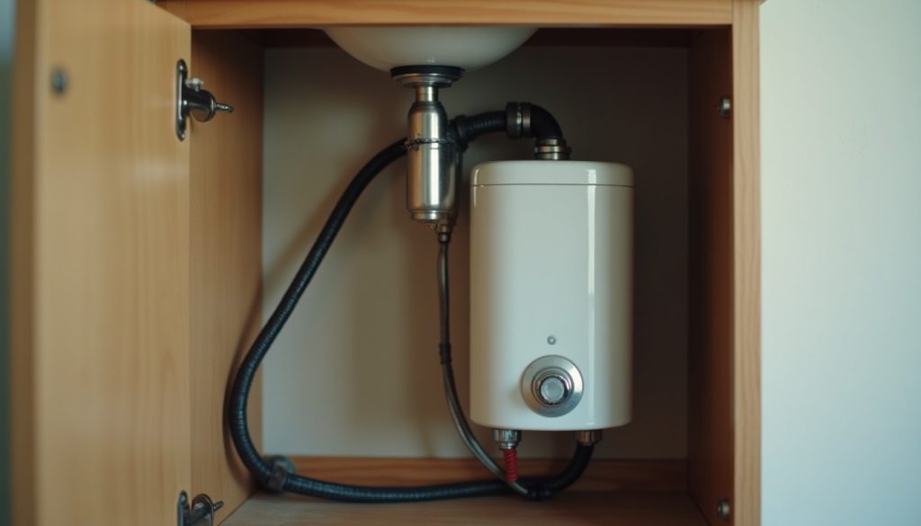 A small plain white cylindrical mini-tank electric water heater mounted on the back wall inside an open bathroom vanity