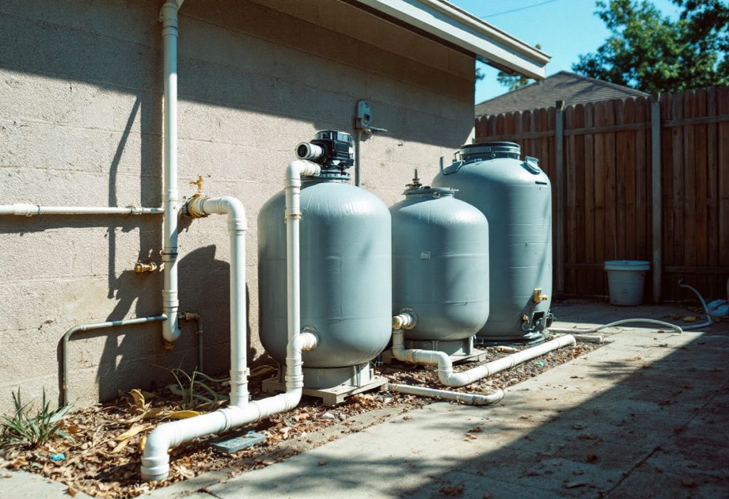 Pool equipment pad with pump, filter, heater, and salt cell connected by PVC pipe
