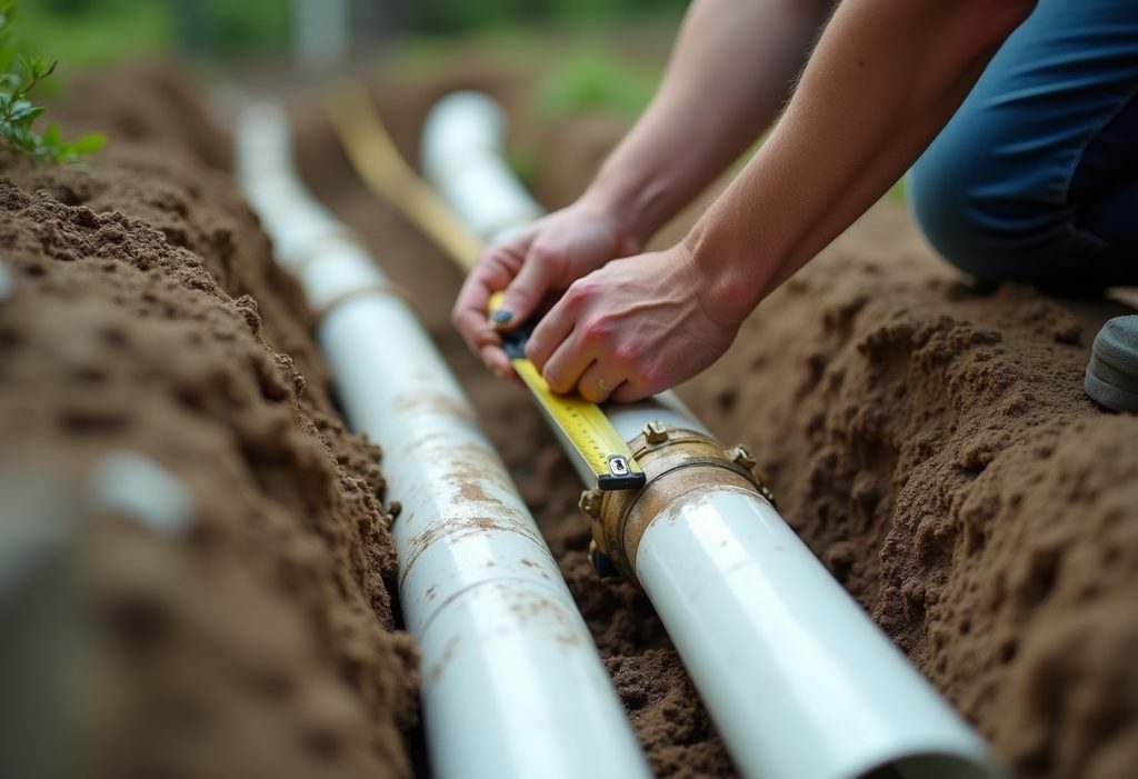 Hands measuring diameter of white PVC pipe next to an open trench