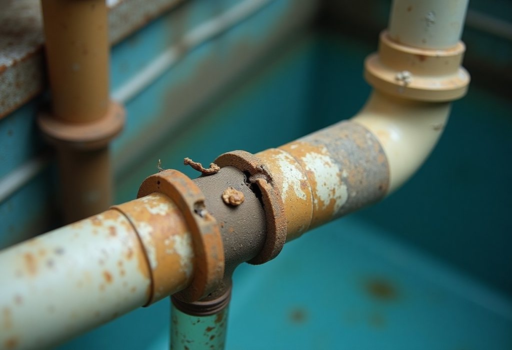 Separated PVC joint with dried glue near a sharp elbow fitting on pool plumbing