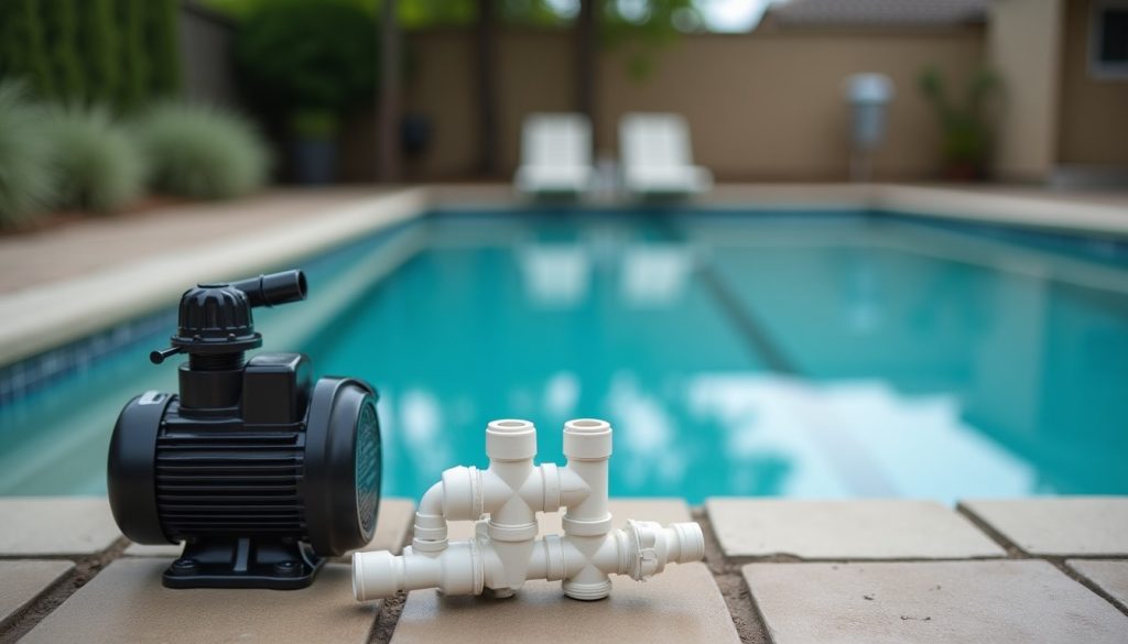 The equipment pad beside a residential swimming pool showing a pump, a cartridge filter and white PVC pipes with three-w