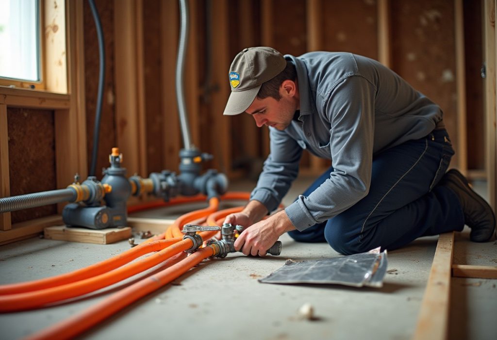 Plumber installing PEX tubing in aluminum plates on a subfloor for radiant heat