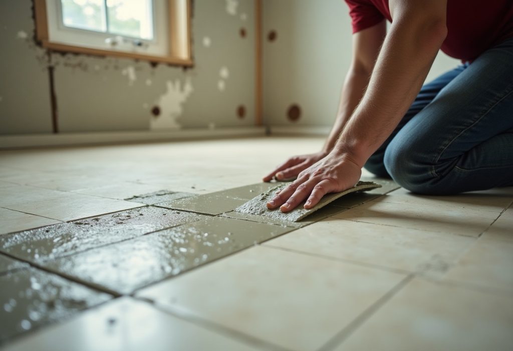 Tile installer setting ceramic tile over radiant floor tubing in a bathroom