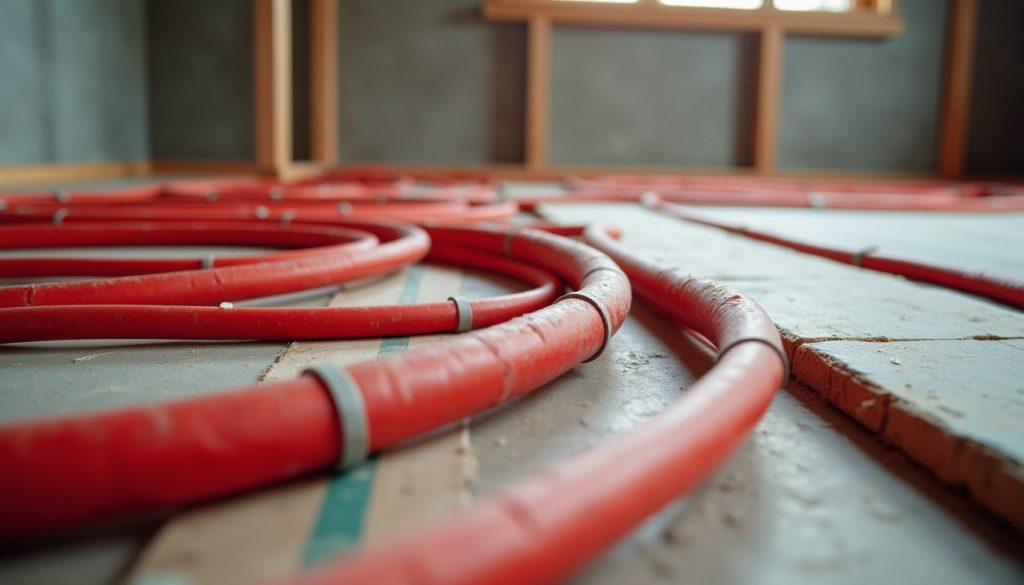 Loops of red PEX radiant heating tubing stapled to insulation boards on a subfloor before the concrete pour