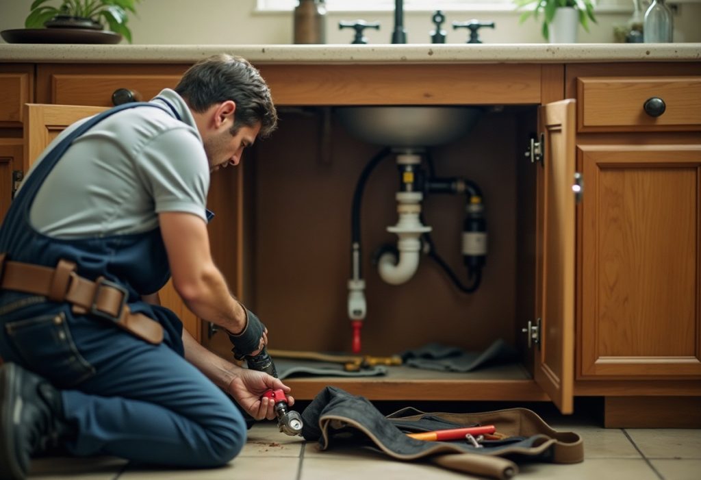 Plumber soldering copper pipe under a kitchen sink with tool belt nearby