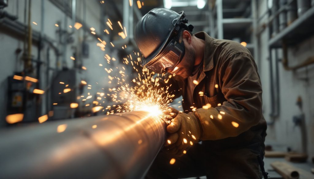 A pipefitter welding large steel pipe in a commercial mechanical room, sparks flying