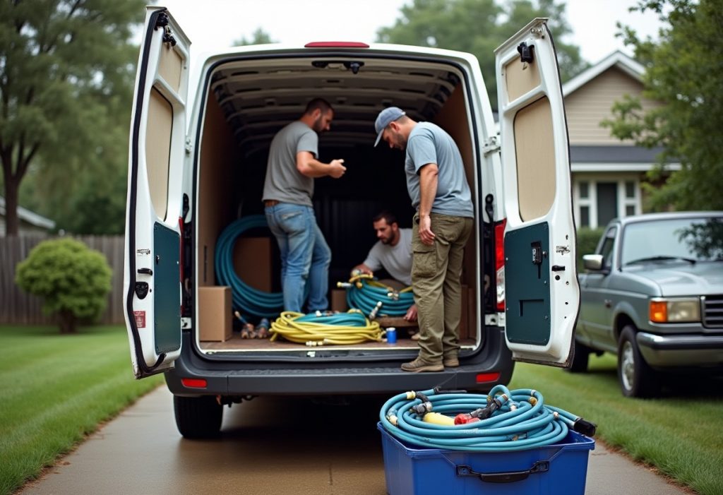 Plumbing crew unloading pipe coils and tools from a van in a driveway
