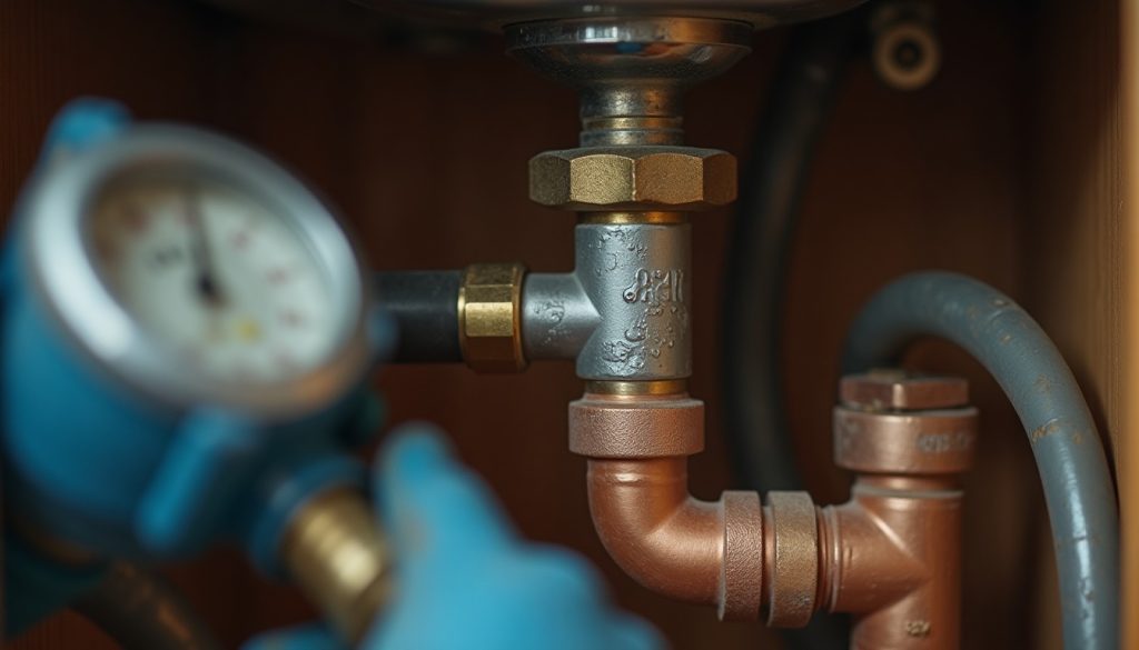 Gloved hand uses a pipe wrench on a copper fitting under a kitchen sink, with condensation on pipes.