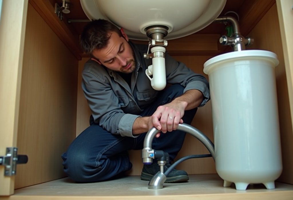 Plumber installing a small reverse osmosis unit inside a sink base cabinet