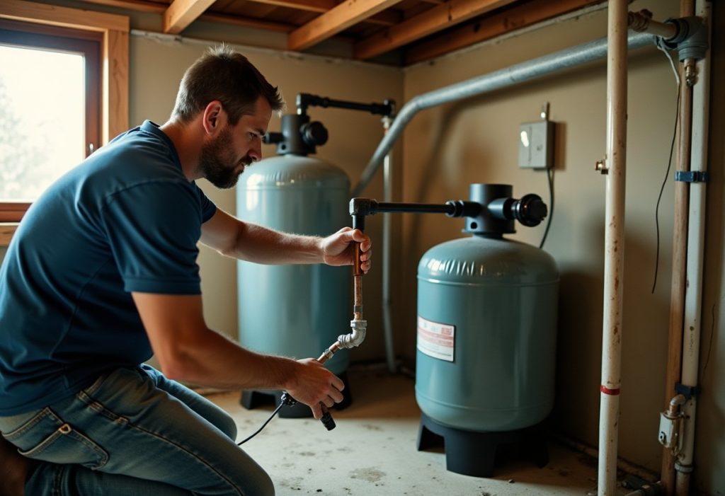 Plumber connecting a large reverse osmosis system to home main water piping