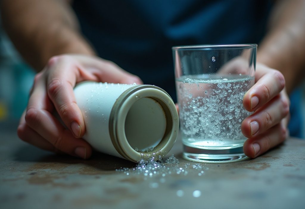 Glass of water beside an open reverse osmosis membrane cartridge on a workbench