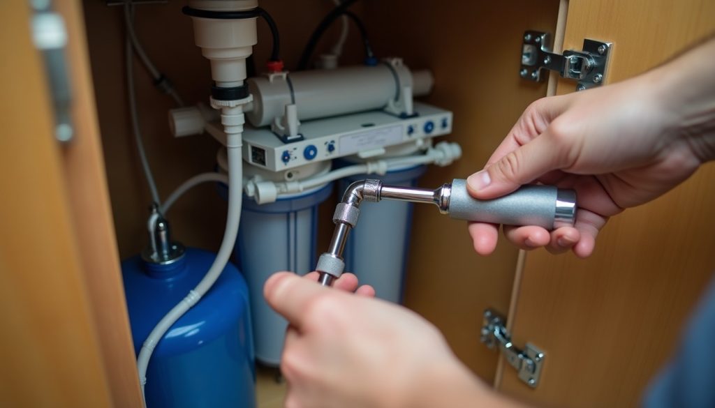 Hands using a wrench to tighten tubing on an under-sink reverse osmosis system with tank and filters.