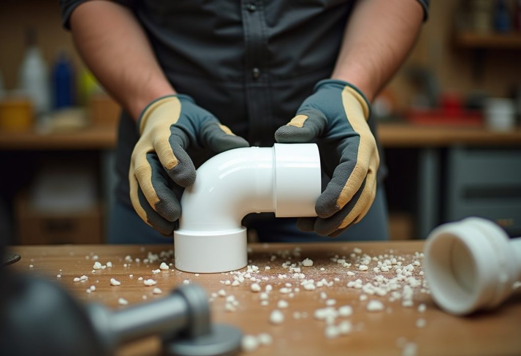 Dry-fitting a PVC elbow onto a pipe end on a workbench