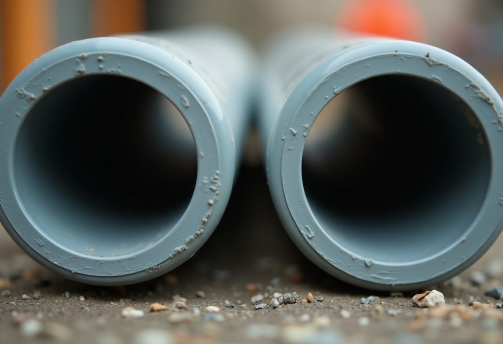 Two open PVC pipe ends showing different interior opening sizes