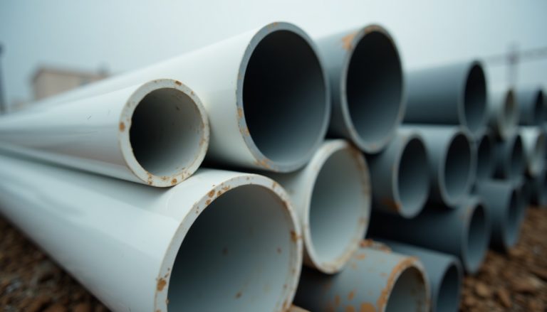 Cut ends of white PVC pipe and dark gray PVC pipe stacked on a job site, the thicker gray walls visible in cross-section