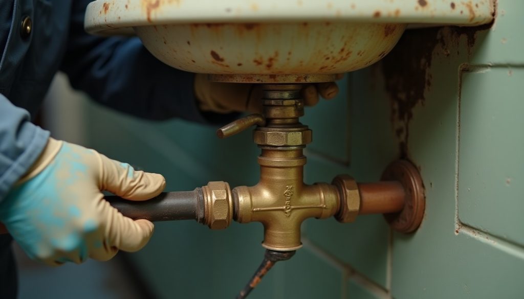 Gloved hands use a wrench to remove a corroded brass fixture from copper pipes under a school fountain.