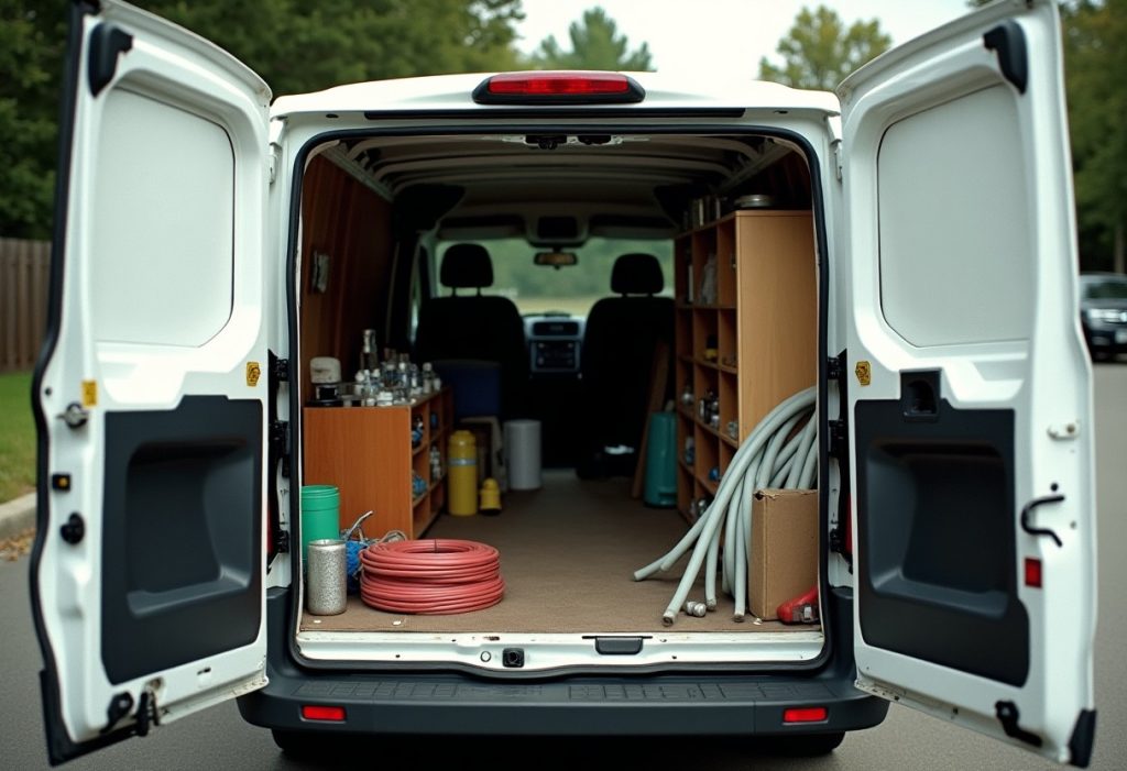 Open rear doors of a work van with shelves of plumbing fittings