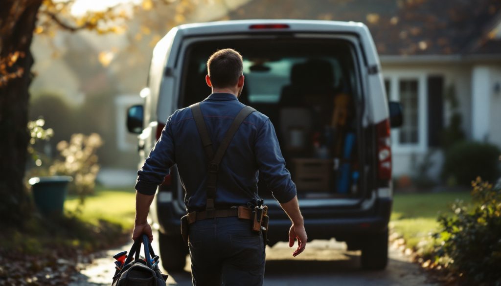 A lone plumber walking from his single work van toward a house carrying a toolbag, seen from behind, early morning light