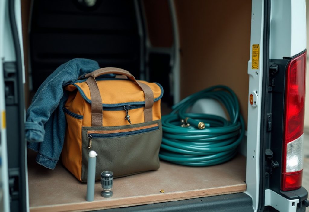 Toolbag, PEX coil and work jacket on a van seat