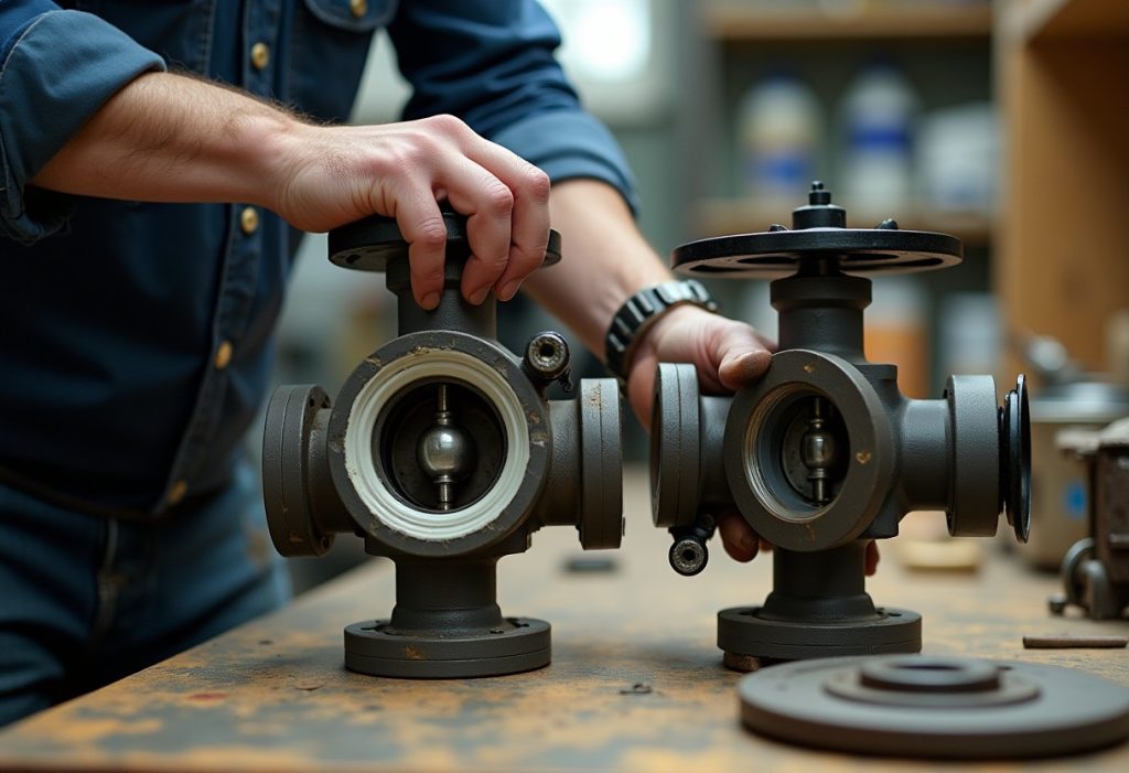 Open backwater valve assembly showing flap and gate valve components on workbench