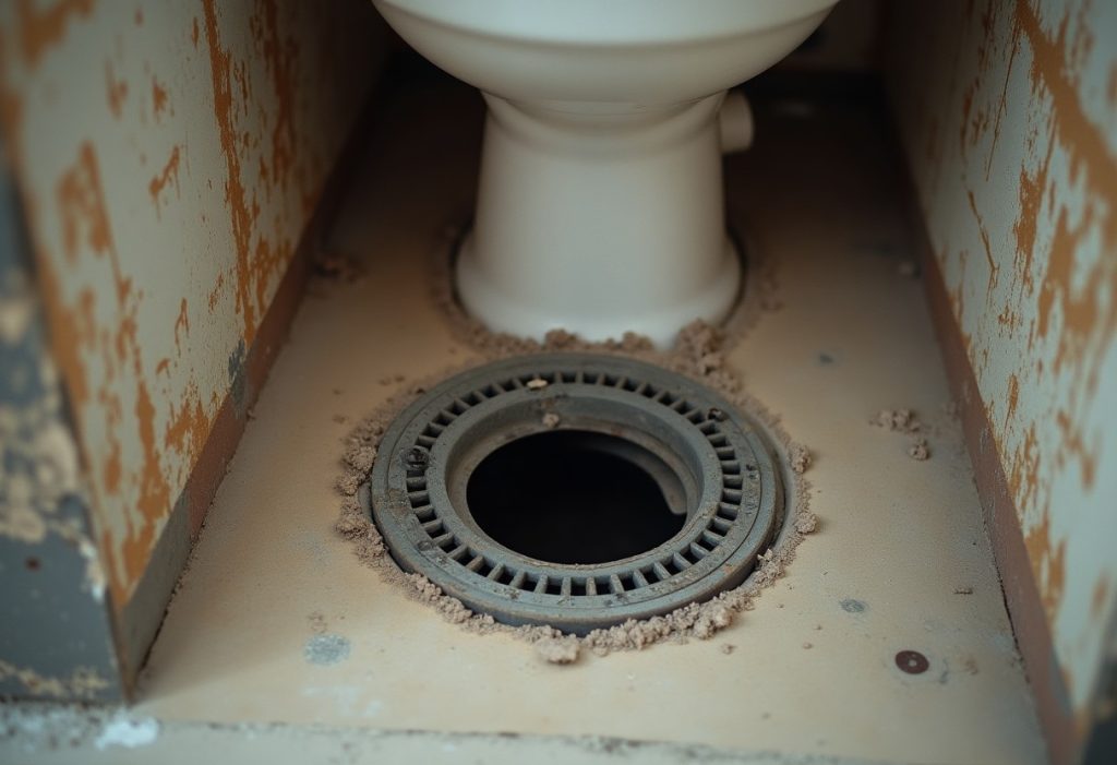 Basement floor drain and toilet flange near a sewer cleanout pipe in concrete floor