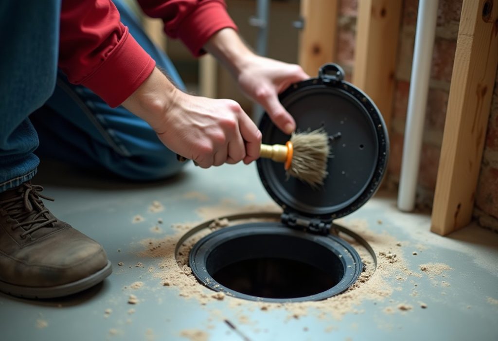Plumber cleaning debris from a backwater valve flap through an open access lid