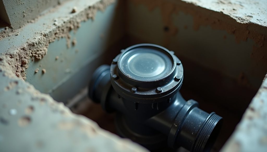A black ABS backwater valve with a clear access lid set in a basement floor pit, concrete edges, soft overhead light, pl