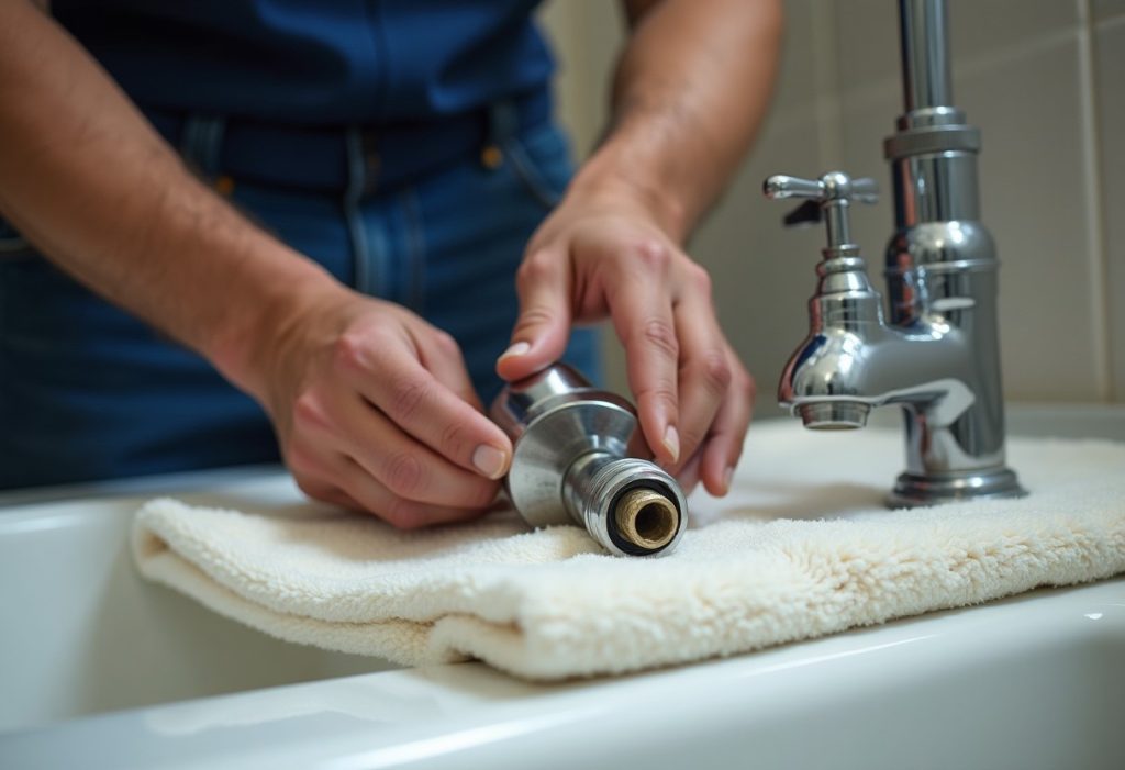 Plumber comparing removed shower handle and cartridge stem against a replacement part