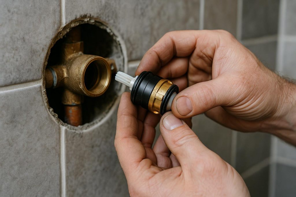 Hands pulling a cartridge out of a shower valve body