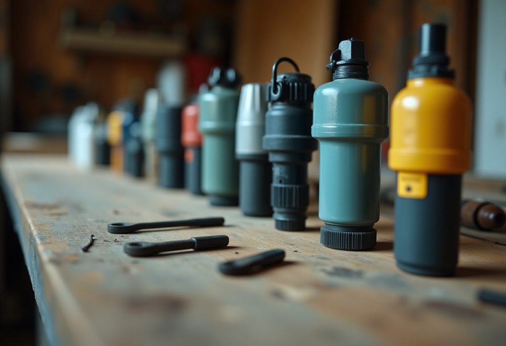 Several different shower cartridges arranged on a workbench with hand tools
