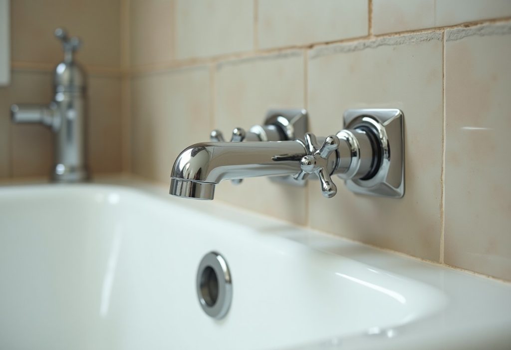 Tub spout with lift knob beside separate hot and cold shower handles