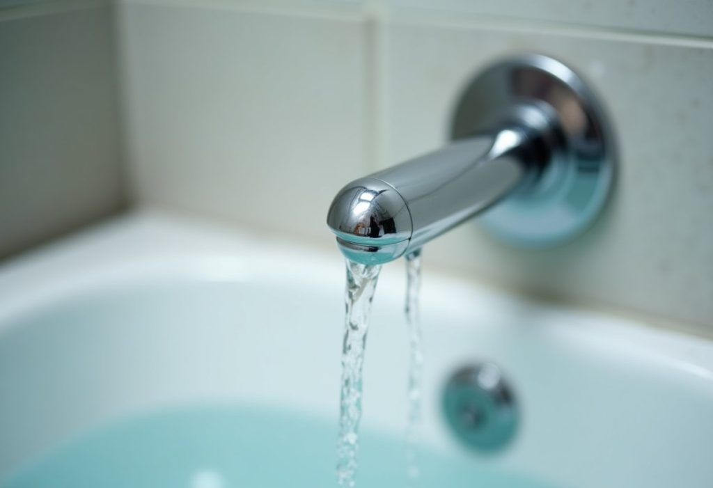 Water trickling from tub spout while shower head runs above