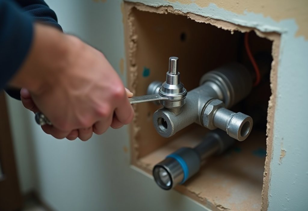 Hands removing a cartridge from an in-wall shower valve body