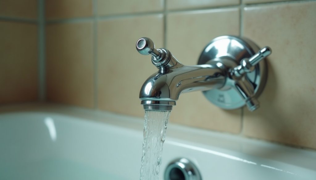 A chrome tub spout with its diverter pull-up knob, water pouring from the spout while a showerhead above drips, tiled tu