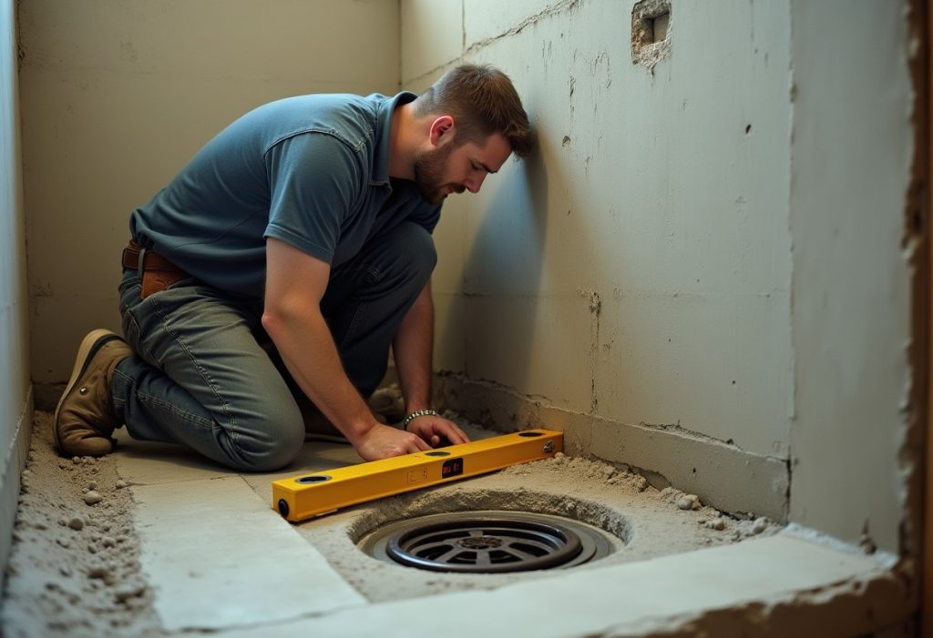 Plumber checking mortar bed slope toward a center shower drain with a level
