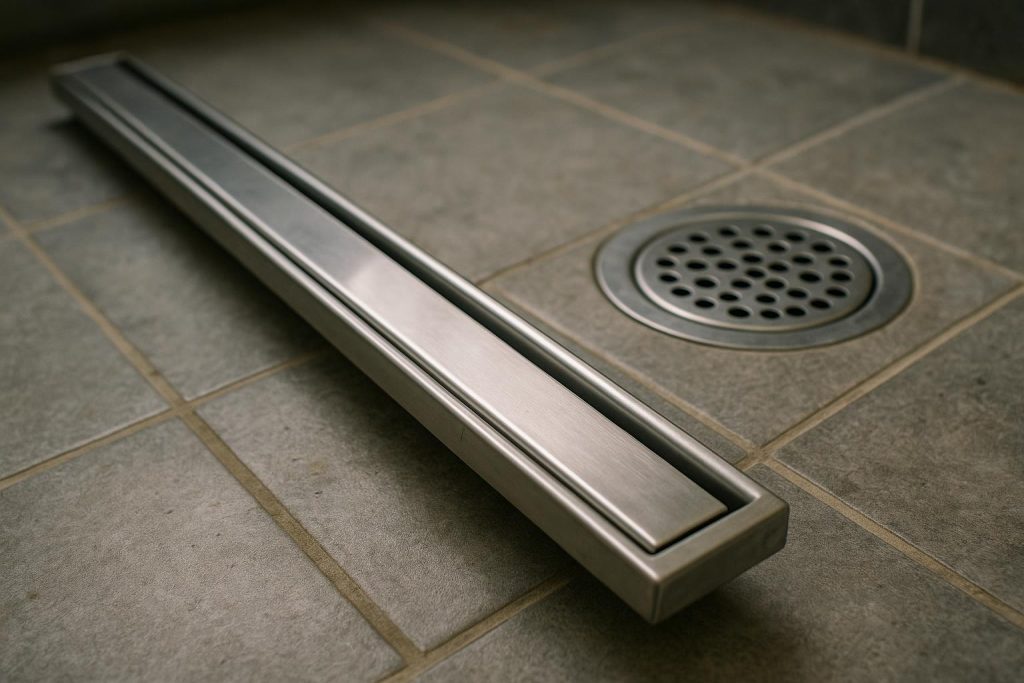 A linear shower drain beside a round point drain on tile