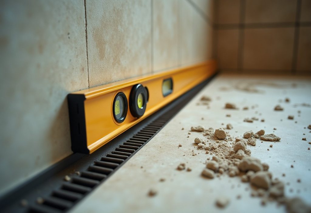 Level resting on tile backer board showing slope toward a linear shower drain channel