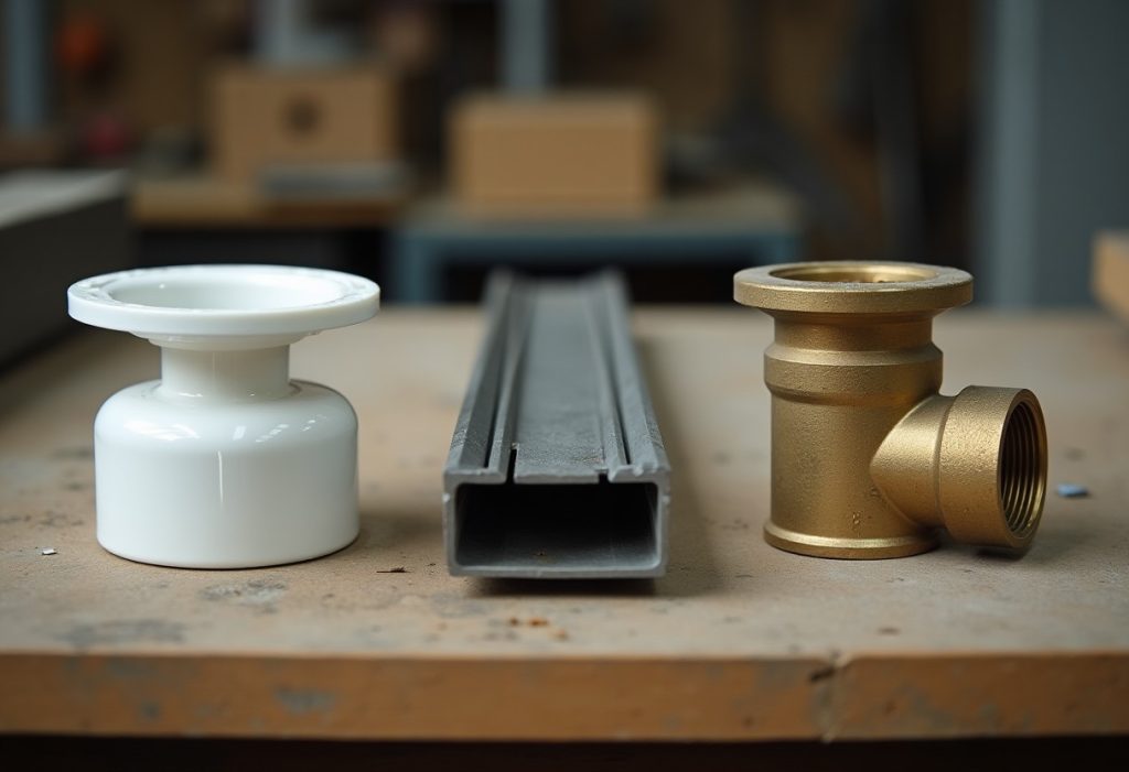 PVC, stainless, and brass shower drain bodies lined up on a workbench