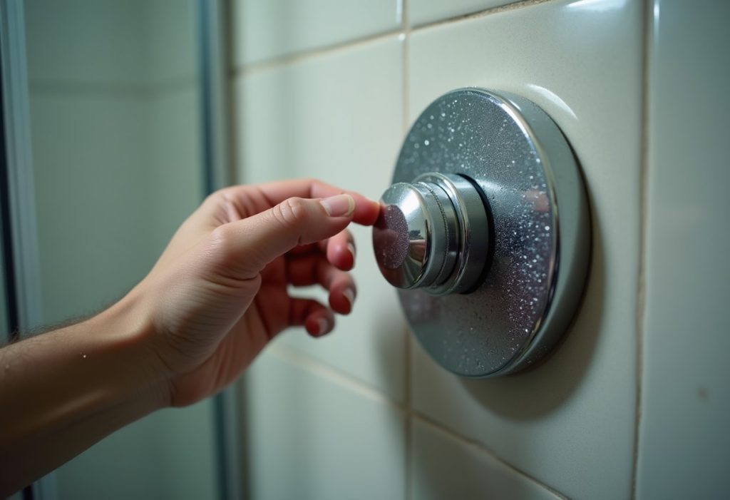 Hand turning the spray-setting dial on a chrome shower head in a tiled shower