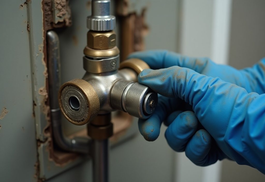 Hand adjusting plastic limit stop behind a removed shower handle on an exposed valve stem