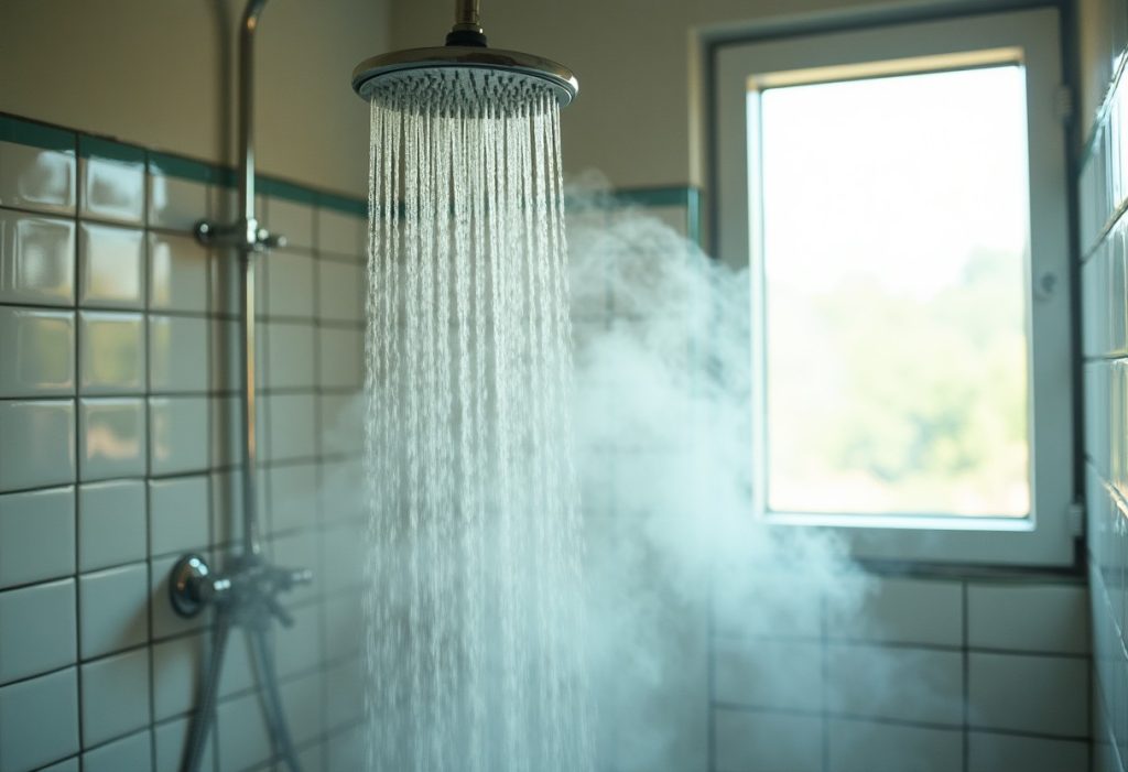 Steam rising from hot water running out of a chrome showerhead in a tiled shower