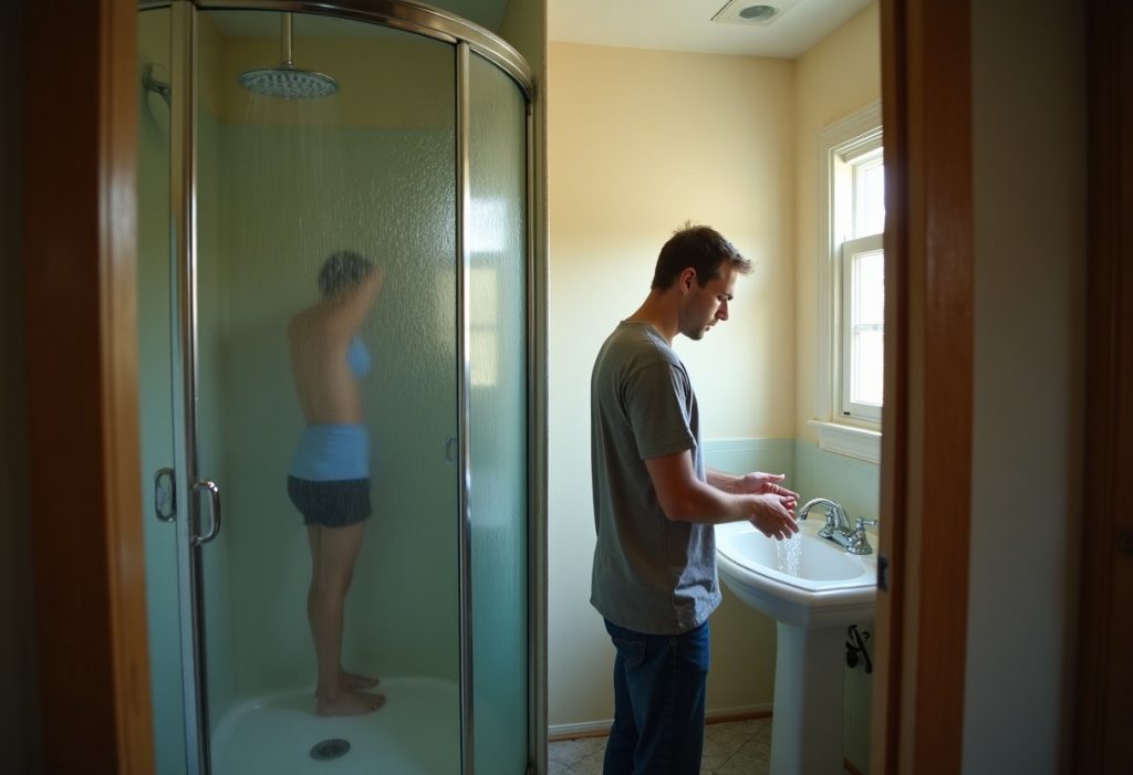 Person showering while another household member uses a bathroom sink nearby