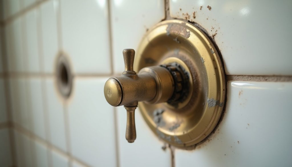A single-handle shower valve trim plate removed from a tiled wall, exposing the valve body and cartridge stem