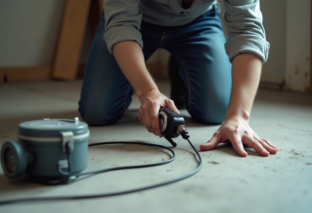 Plumber using acoustic listening equipment on a bare concrete floor
