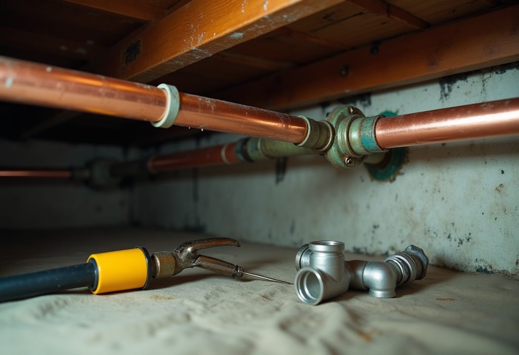 Old corroded copper pipe next to a newly installed copper section overhead