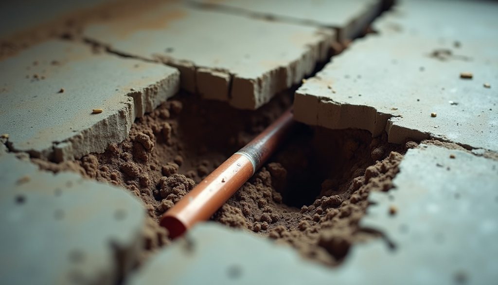 A cut-open section of a concrete floor slab exposing a copper water line with a pinhole leak and wet soil beneath